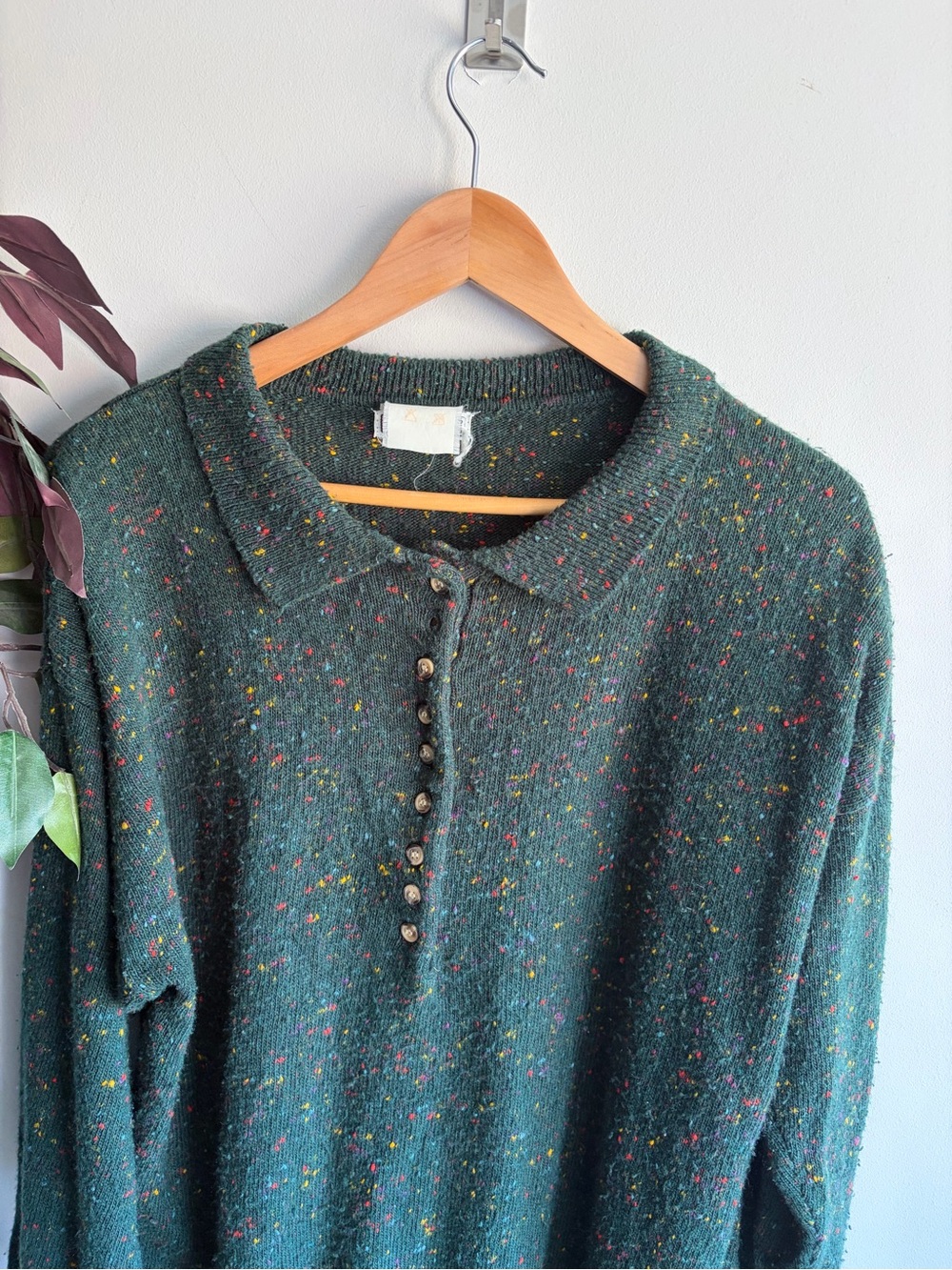 Avenue Dark Green Tweed Button-Up Polo Sweater - Picture 2 of 5